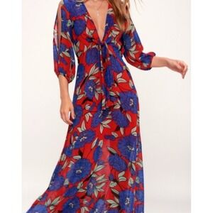 Lulus Blossoming Beauty Floral Print Cold Shoulder Tie Front Maxi Dress Size MED